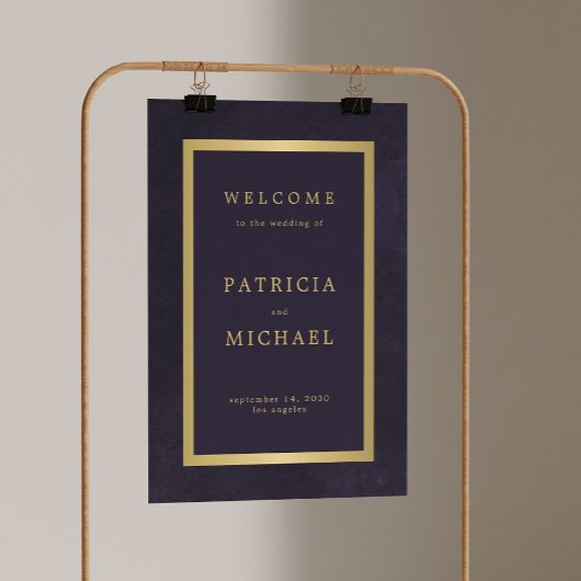 Elegant dark purple and gold wedding welcome sign ポスター
