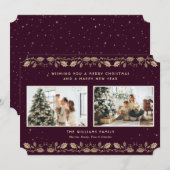 Elegant Dark Purple Gold Holly Stars Photo シーズンカード (正面/裏面)