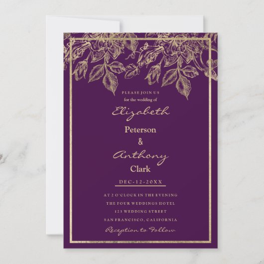 Elegant dark purple gold luxury floral Wedding 招待状 (正面)