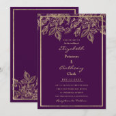 Elegant dark purple gold luxury floral Wedding 招待状 (正面/裏面)