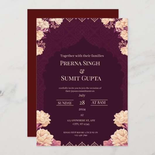 Elegant Dark Purple Wedding Invitation 招待状 (正面/裏面)