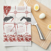 Elegant Dark Red Alsatian Folk Stork 2026 Calendar キッチンタオル (四つ折り)