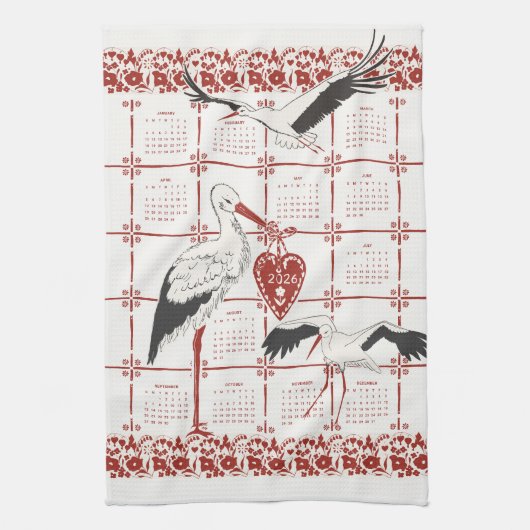Elegant Dark Red Alsatian Folk Stork 2026 Calendar キッチンタオル (縦)