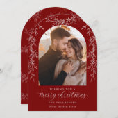 Elegant Dark Red Botanical Arch Photo Christmas シーズンカード (正面/裏面)