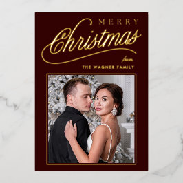 Elegant Dark Red Gold Script Merry Christmas Photo 箔シーズンカード