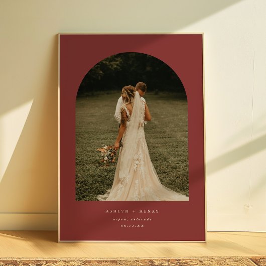 Elegant Dark Red Wedding Couple Photo Arch ポスター