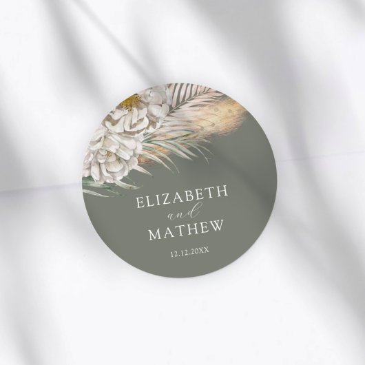 Elegant Dark Sage Pampas Grass Wedding ラウンドシール