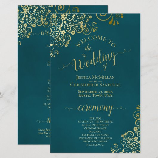 Elegant Dark Teal & Gold Budget Wedding Program (正面/裏面)