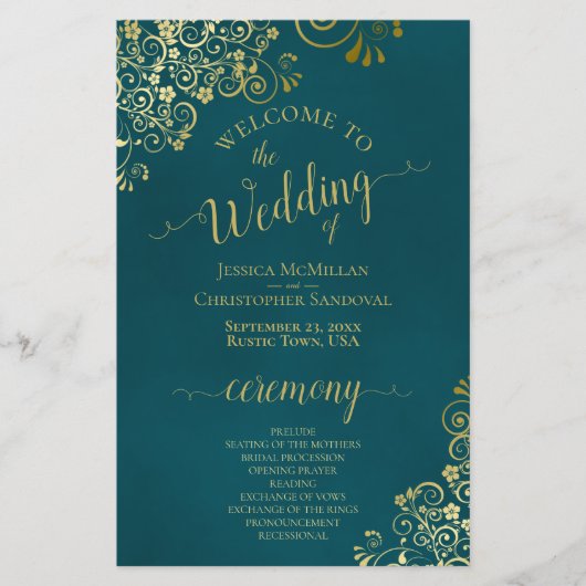 Elegant Dark Teal & Gold Budget Wedding Program (正面)