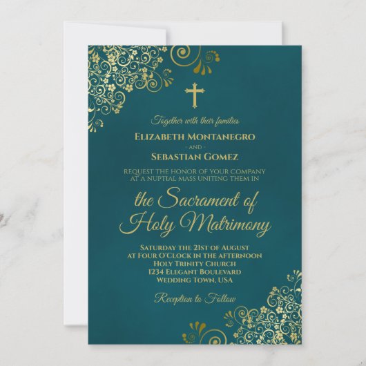 Elegant Dark Teal & Gold Modern Catholic Wedding 招待状 (正面)