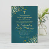 Elegant Dark Teal & Gold Modern Catholic Wedding 招待状 (スタンド正面)