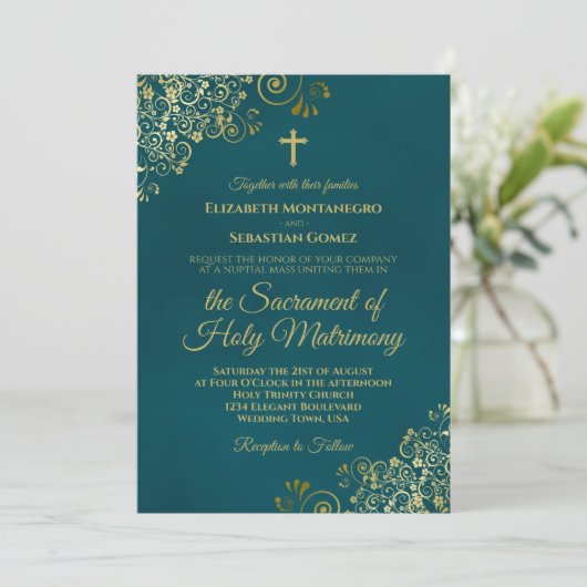 Elegant Dark Teal & Gold Modern Catholic Wedding 招待状 (スタンド正面)
