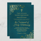 Elegant Dark Teal & Gold Modern Catholic Wedding 招待状 (正面/裏面)