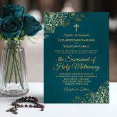 Elegant Dark Teal & Gold Modern Catholic Wedding 招待状