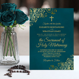 Elegant Dark Teal & Gold Modern Catholic Wedding 招待状