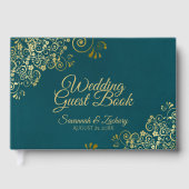 Elegant Dark Teal & Gold Stylish Wedding ゲストブック (正面)