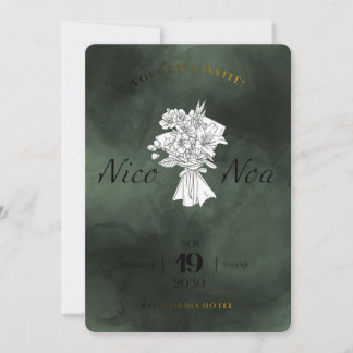 Elegant Dark Teal Watercolor Wedding Invitation wi 招待状