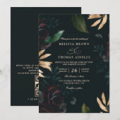 Elegant Dark Velvet Burgundy Rose QR Code Wedding 招待状 (正面/裏面)