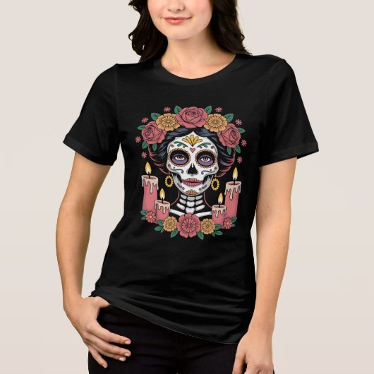 Elegant Day of the Dead Sugar Skull Woman トライブレンドＴシャツ (正面)