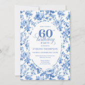 Elegant Deep Blue Toile Roses 60th Birthday Downlo 招待状 (正面)