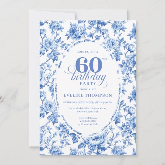 Elegant Deep Blue Toile Roses 60th Birthday Downlo 招待状 (正面)