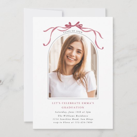 Elegant Deep Blush Bow Graduation Party Arch Photo 招待状 (正面)