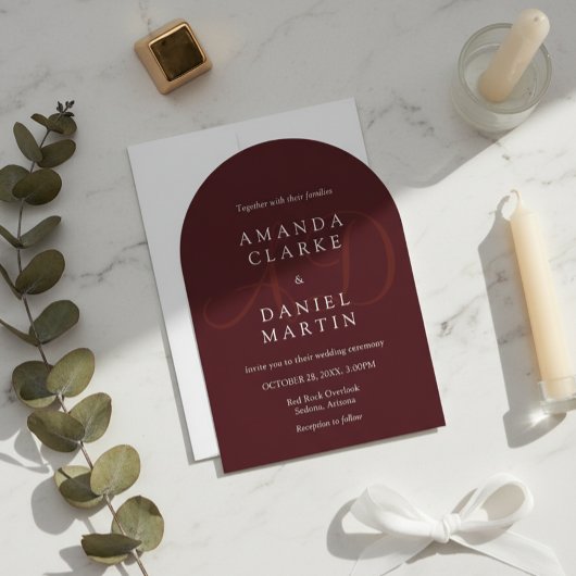Elegant Deep Burgendy Wedding Arch Monogram  招待状