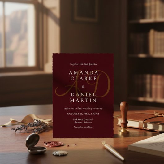 Elegant Deep Burgendy Wedding Monogram Initials  招待状