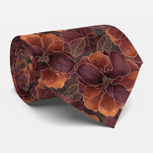 Elegant Deep Burgundy and Copper Abstract Floral ネクタイ (ロール)