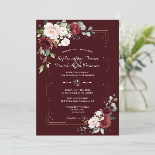 Elegant Deep Burgundy Blush Flowers Gold Wedding 招待状 (スタンド正面)