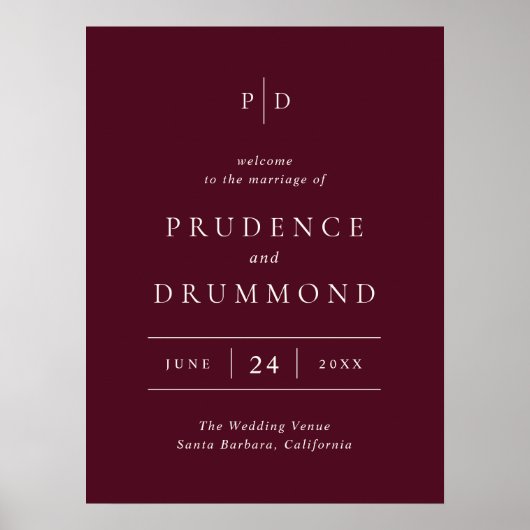 Elegant Deep Burgundy Classic Wedding Welcome Sign ポスター (正面)