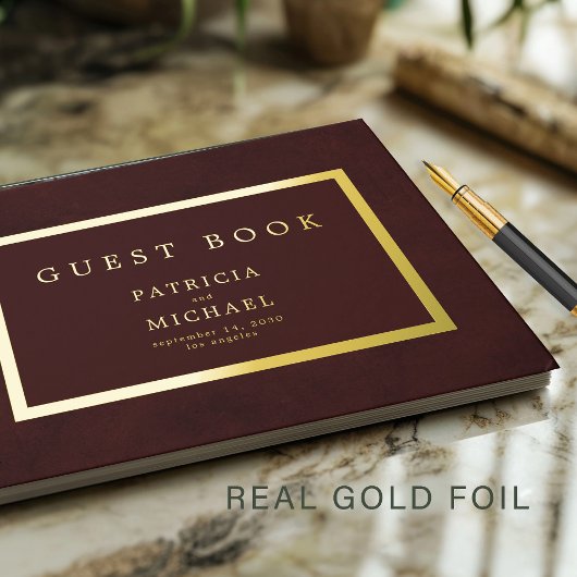 Elegant deep burgundy gold foil typography wedding ゲストブック
