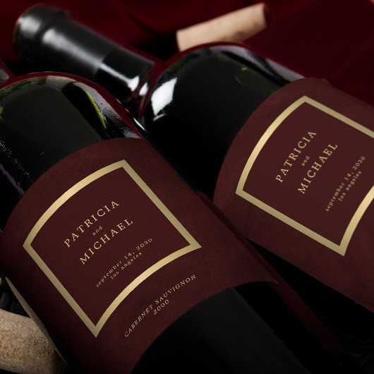 Elegant deep burgundy gold wedding personalized ワインラベル
