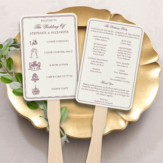 Elegant Deep Burgundy & Ivory Wedding Program  ハンドファン