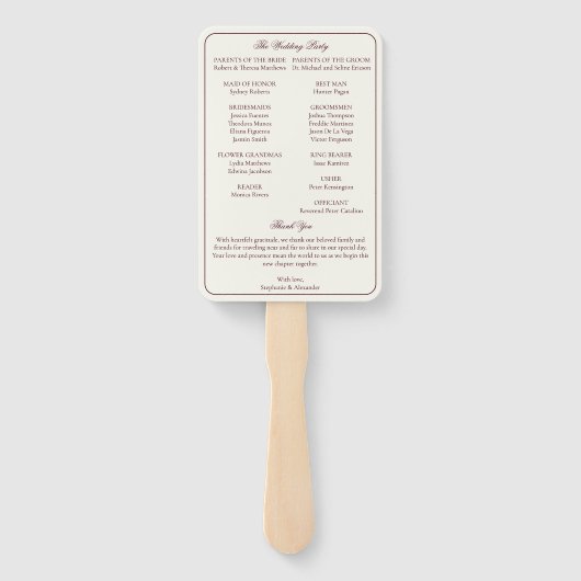 Elegant Deep Burgundy & Ivory Wedding Program  ハンドファン (裏面)