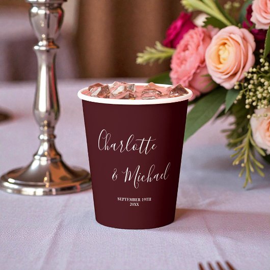 Elegant Deep Burgundy Script Minimalist Wedding 紙コップ