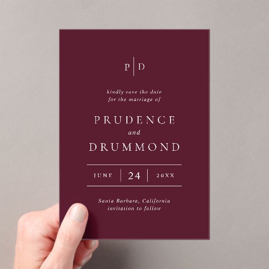 Elegant Deep Burgundy Wedding Save the Date アクリル招待状 (インサイチュ (ポータブル))