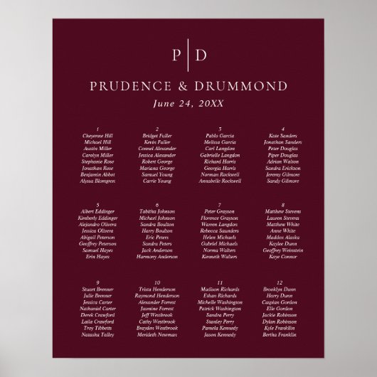 Elegant Deep Burgundy Wedding Seating Chart ポスター (正面)