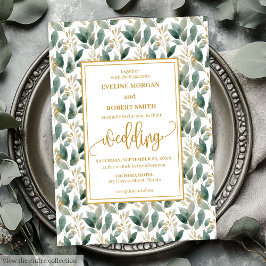 Elegant deep green gold eucalyptus wedding invites 招待状