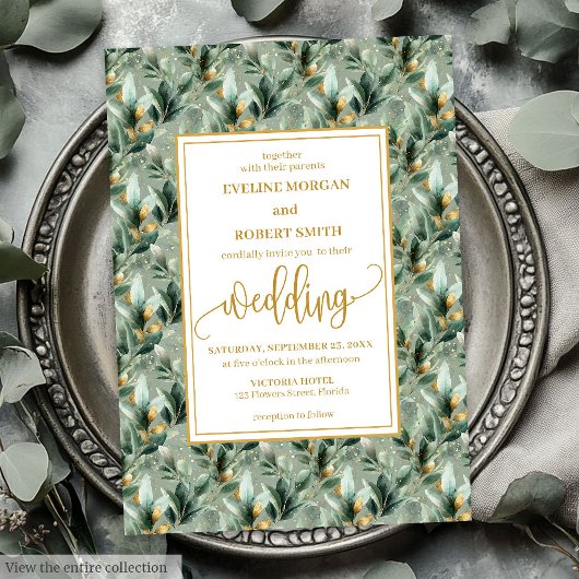 Elegant Deep Green Gold Eucalyptus Wedding Invites 招待状