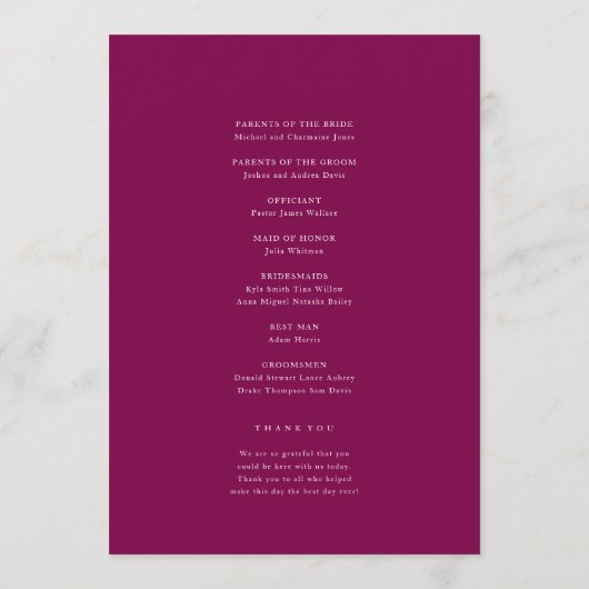Elegant Deep Pink Floral Wedding Program プログラム (裏面)
