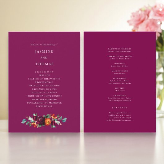 Elegant Deep Pink Floral Wedding Program プログラム