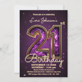 Elegant Deep Purple Gemstone Gold 21st Birthday 招待状 (正面)