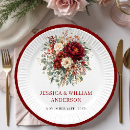 Elegant Deep Red Autumn Wedding Paper Plates ペーパープレート