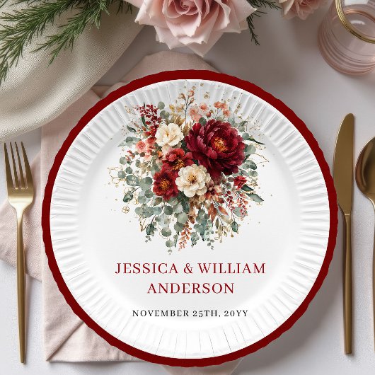Elegant Deep Red Autumn Wedding Paper Plates ペーパープレート