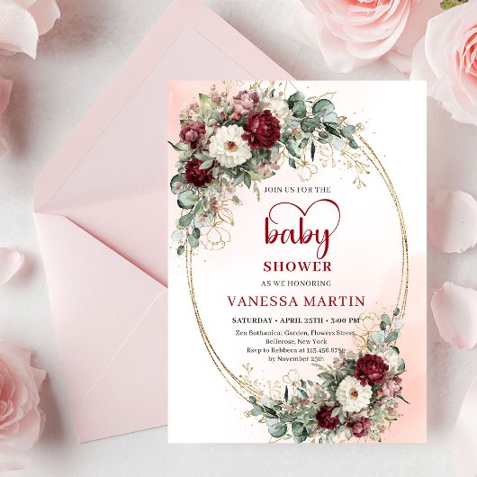 Elegant Deep Red Eucalyptus Baby Shower Invitation 招待状