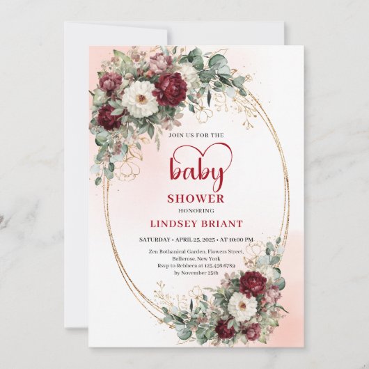 Elegant Deep Red Eucalyptus Baby Shower Invitation 招待状 (正面)
