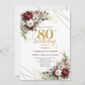 Elegant Deep Red Floral 80th Birthday Invitation 招待状 (正面)