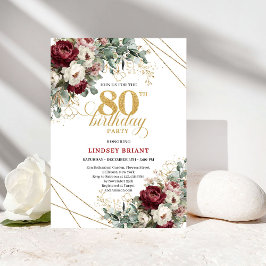 Elegant Deep Red Floral 80th Birthday Invitation 招待状
