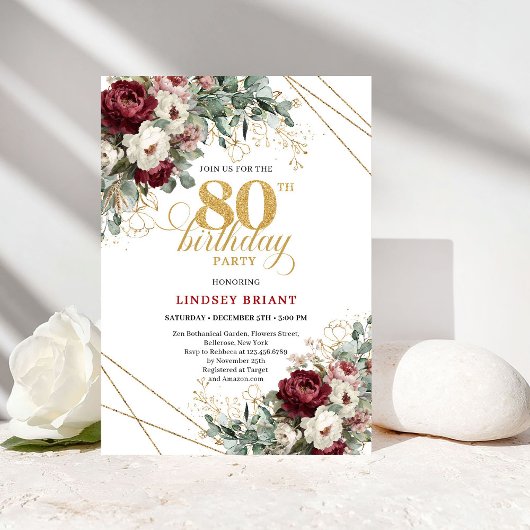 Elegant Deep Red Floral 80th Birthday Invitation 招待状